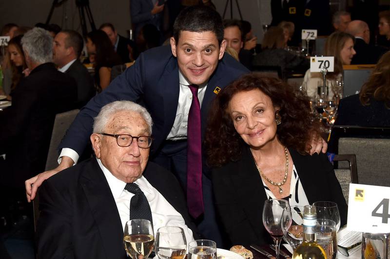 NEW YORK, NY - NOVEMBER 01:  Former United States Secretary of State, Henry Kissinger, and Honorees David Miliband and Diane von Furstenberg attend the 2018 Rescue Dinner hosted by the IRC at New York Hilton Midtown on November 1, 2018 in New York City.  (Photo by Ilya S. Savenok/Getty Images for IRC)