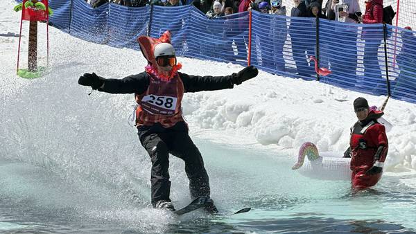 Soar, slide, splash? It’s skiers’ choice as spring’s wacky pond skimming tradition returns